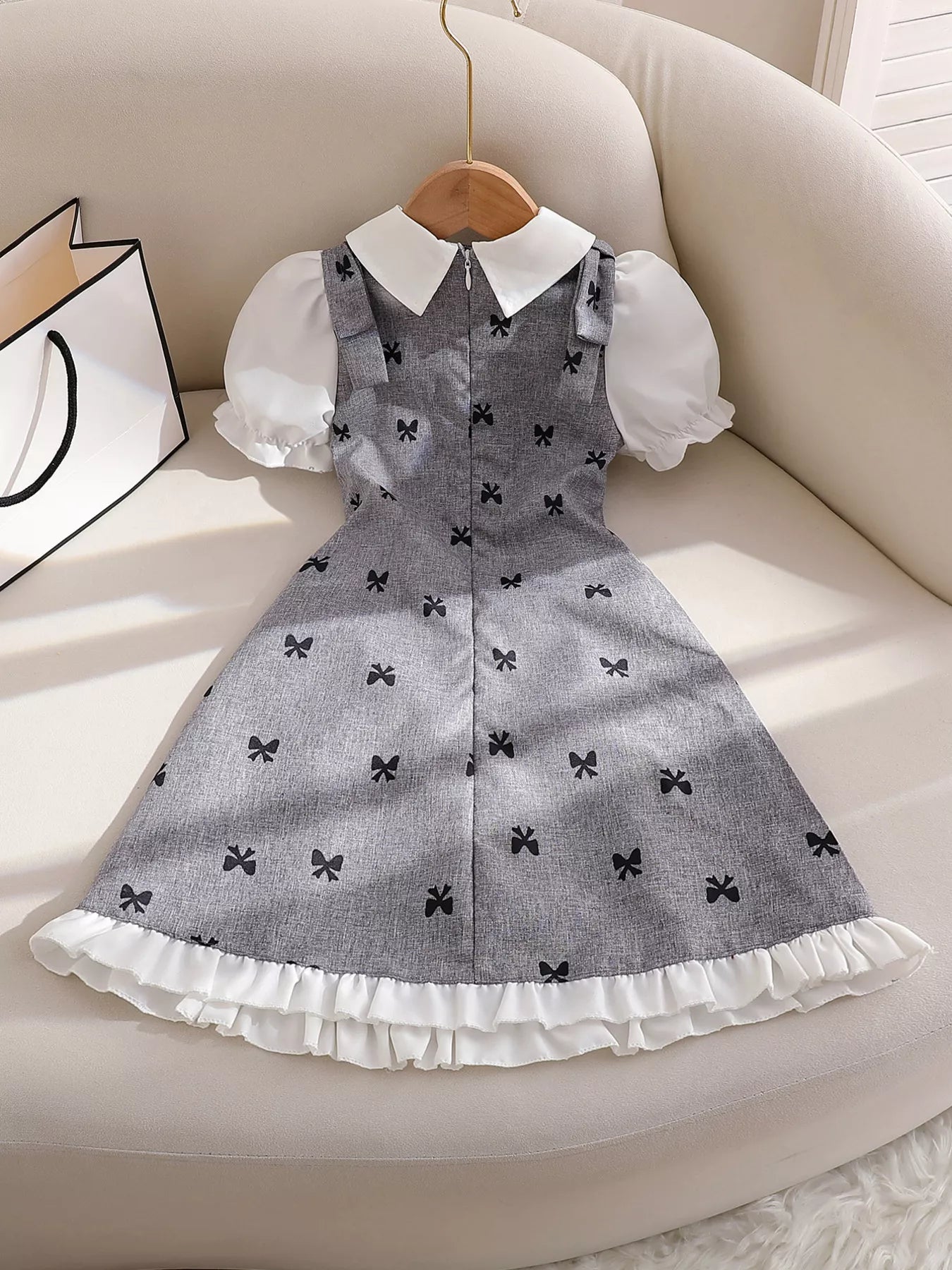Children's Bow Print Puff Sleeve Dress