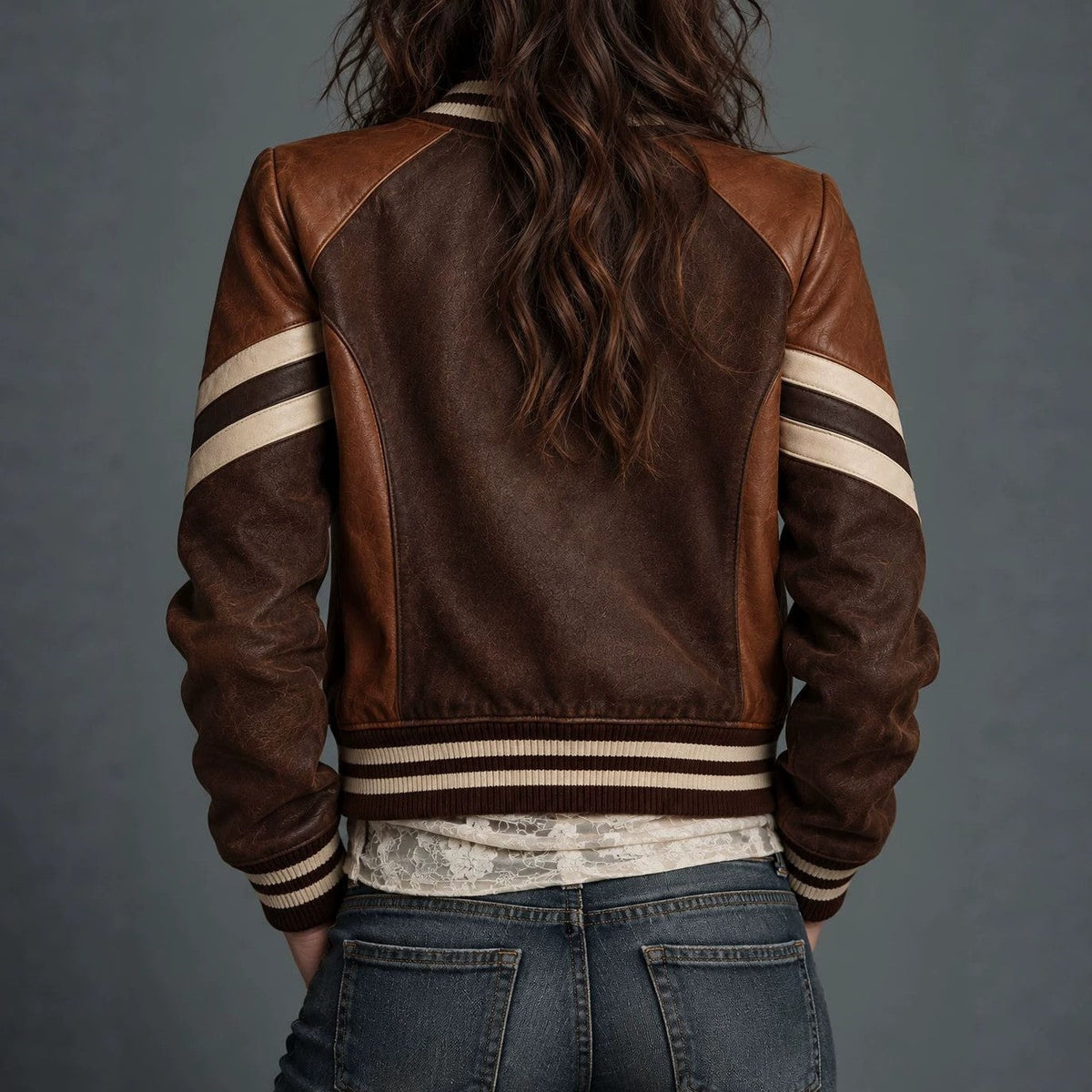 Brown Patchwork Faux-Leather Cropped Jacket with Striped Sleeves