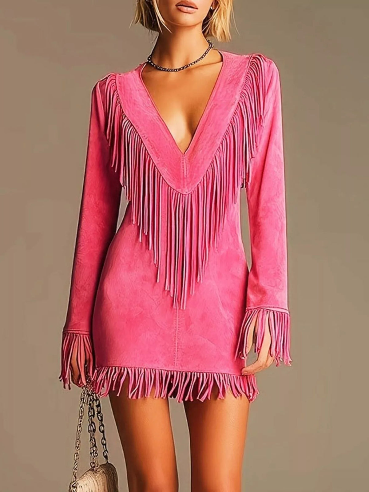 Boho Chic Fringed Suede V-Neck Mini Dress