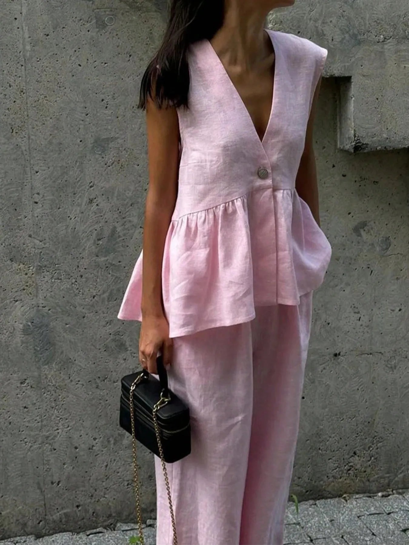 Button Down Peplum Vest and Pants Set