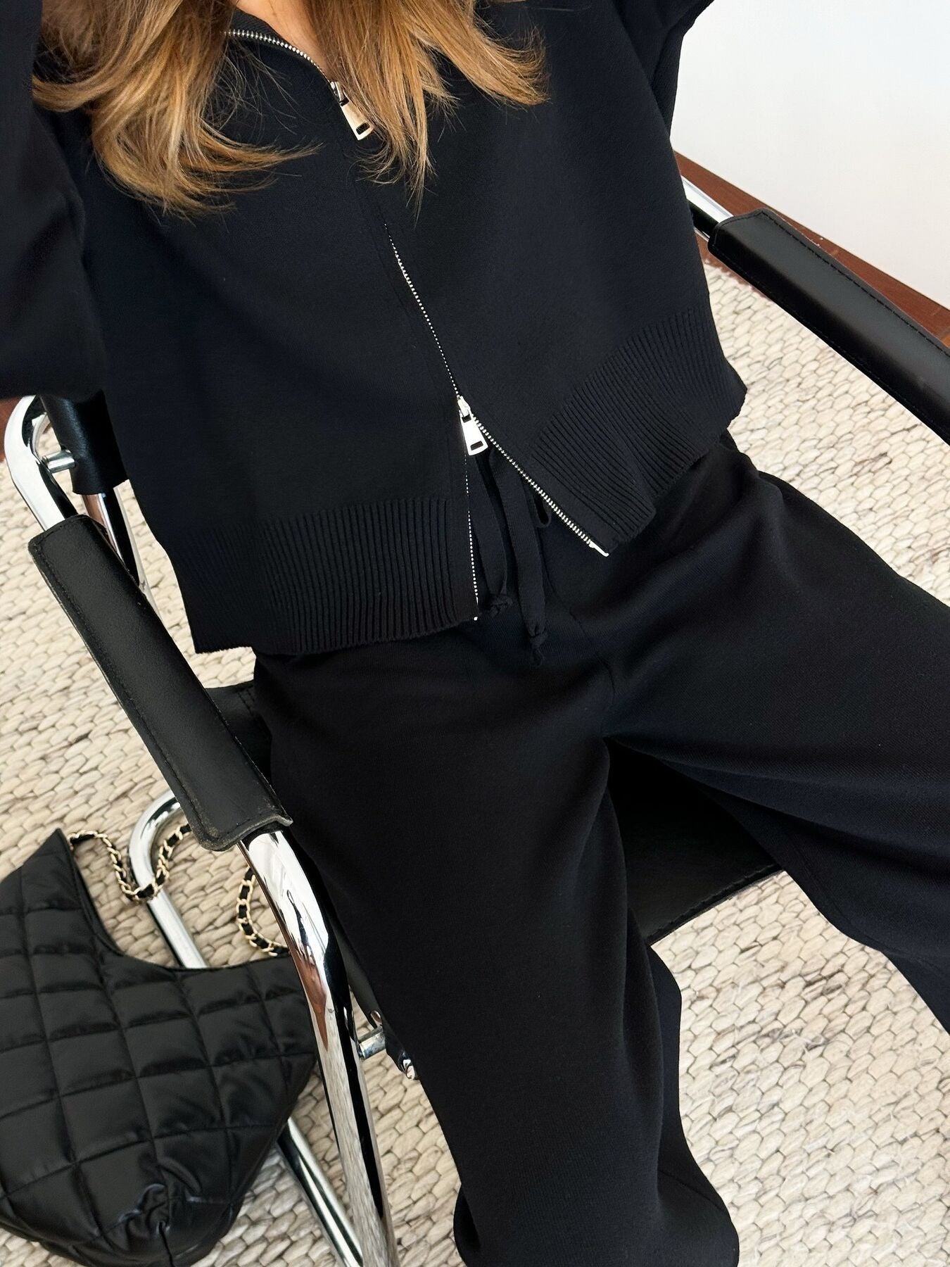 Zip Up Cardigan and Drawstring Wide Leg Pants Knit Set