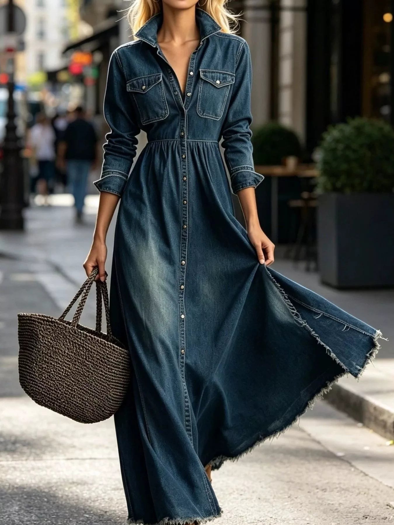Raw Hem Long-Sleeve Denim Maxi Dress