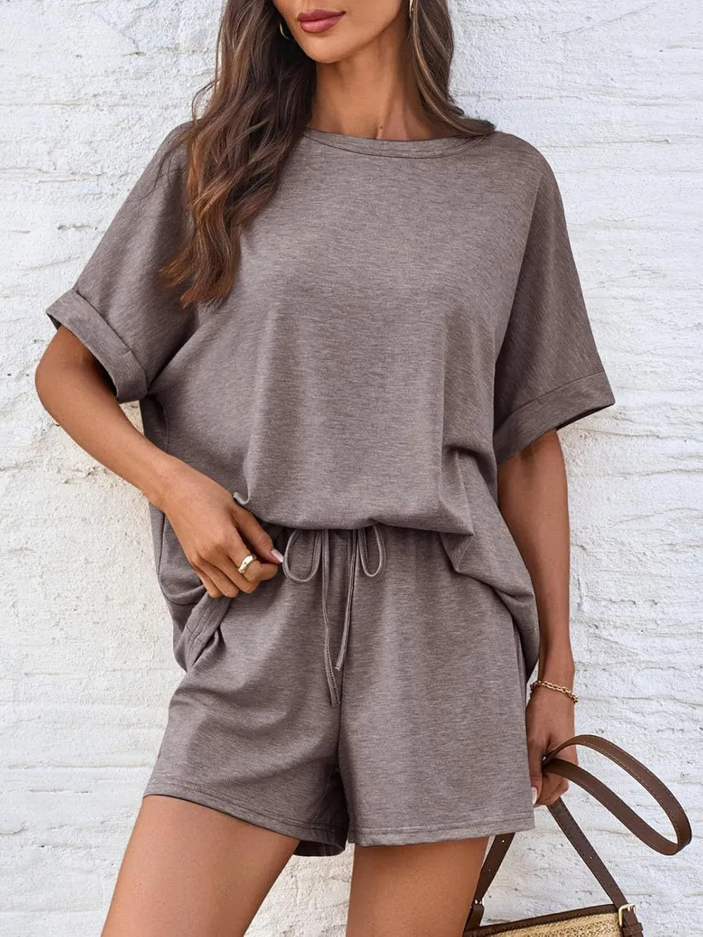Round Neck T-Shirt and Drawstring Shorts Set