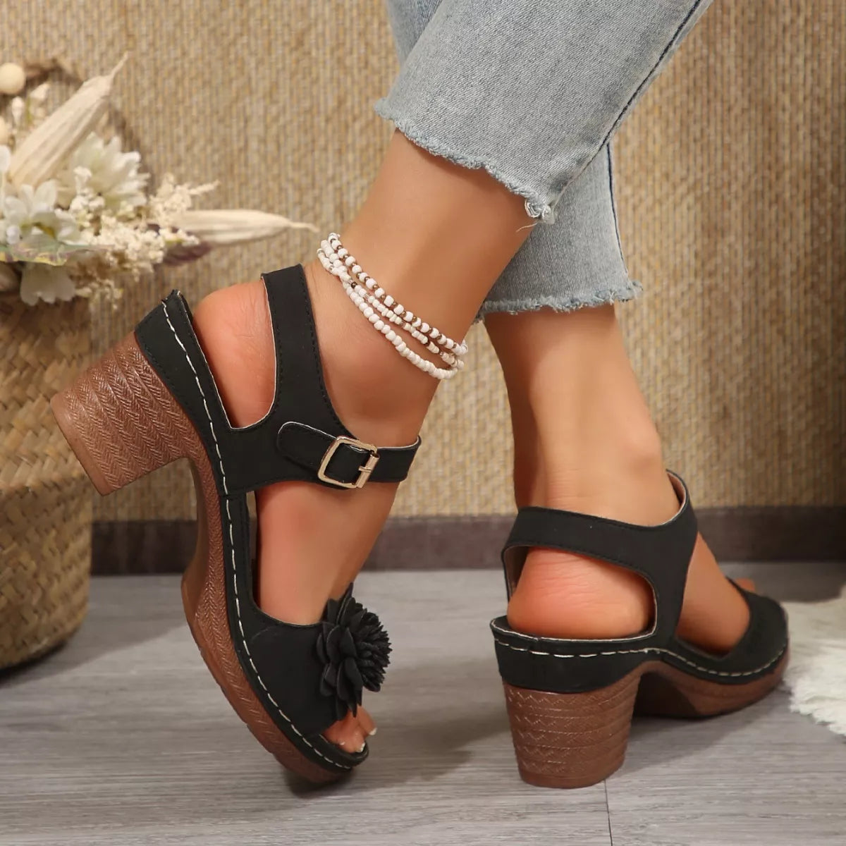 Floral Decor Buckle Ankle Strap Block Heel Sandals