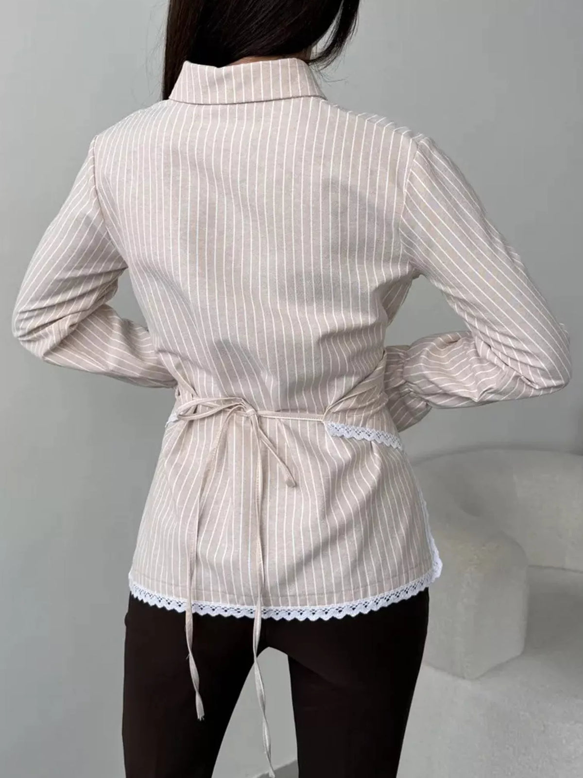 Lace Trim Long Sleeves Striped Shirt