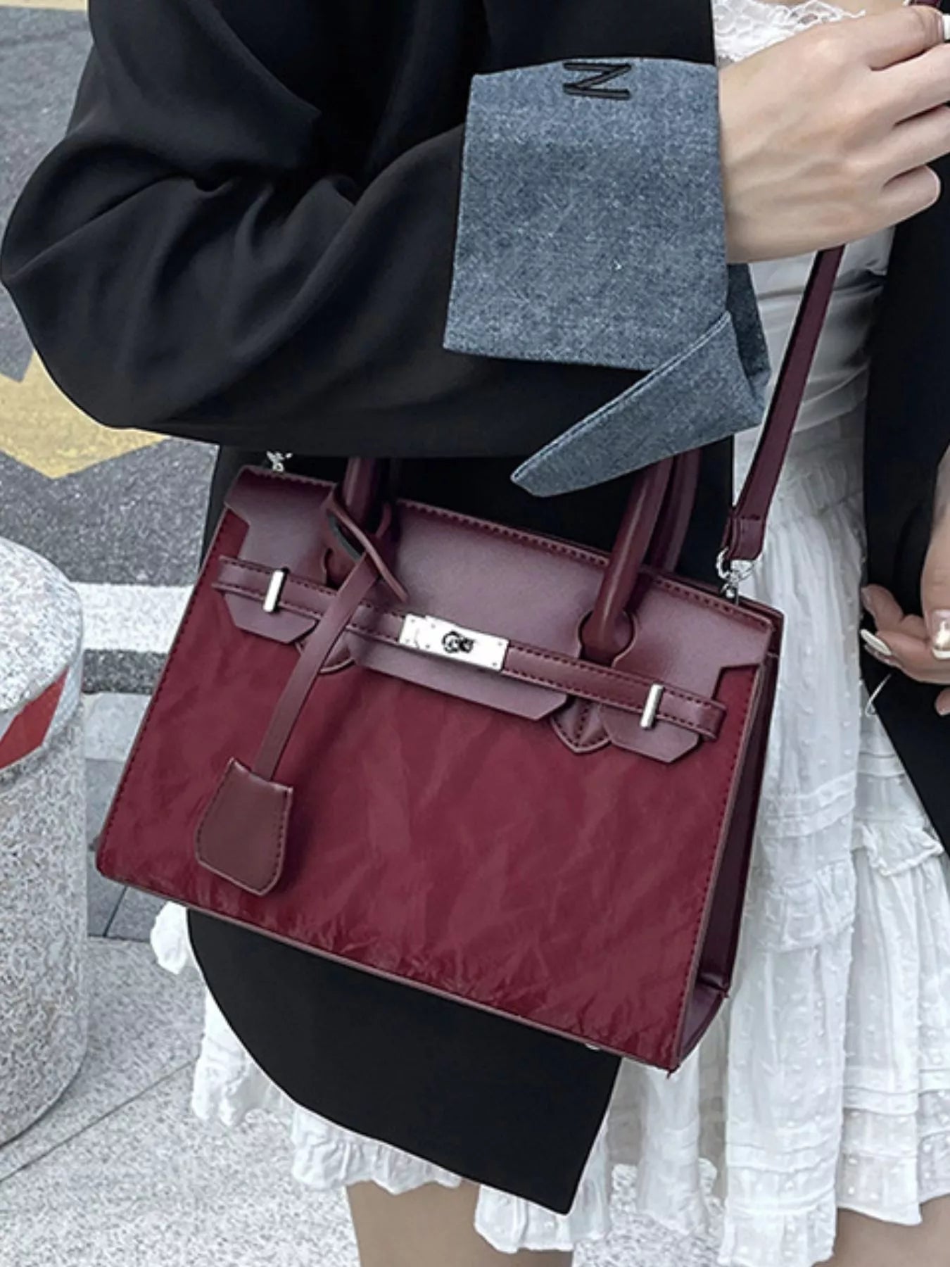 Textured Leather Top-Handle Handbag