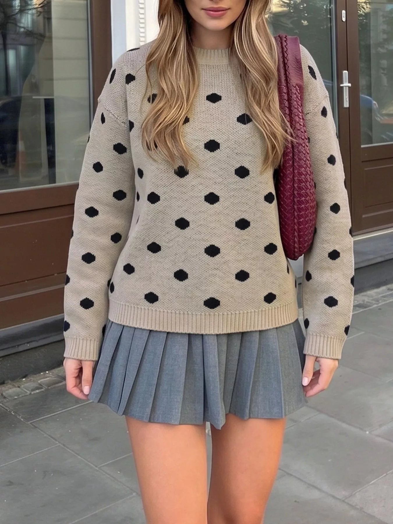 Polka Dot Dropped Shoulder Sweater