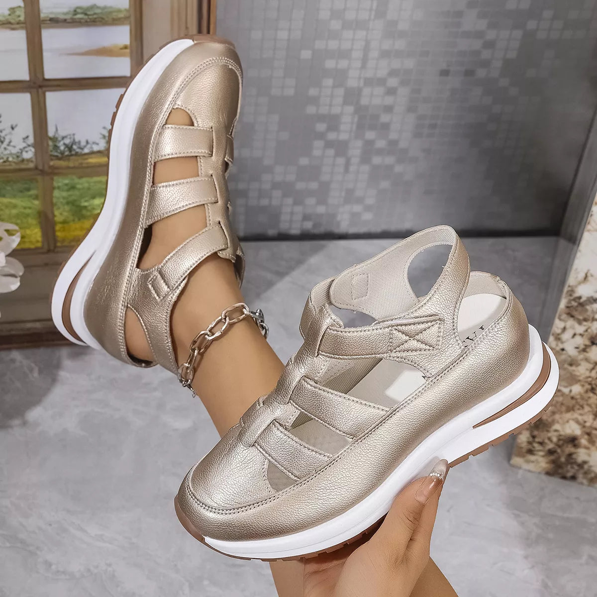 Cutout Wedge Velcro Sandals