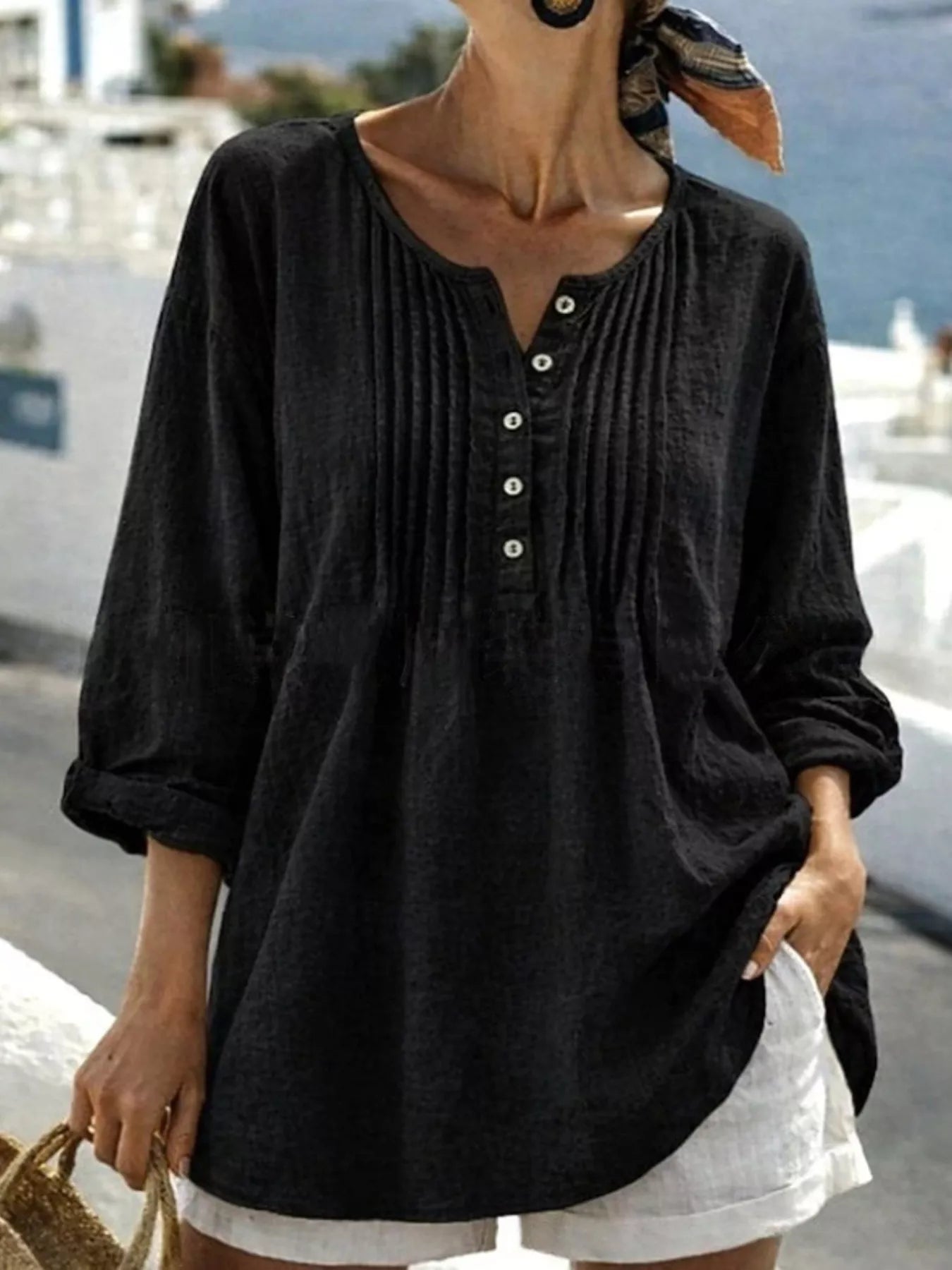 Casual Button Detail Long Sleeve Linen Shirt