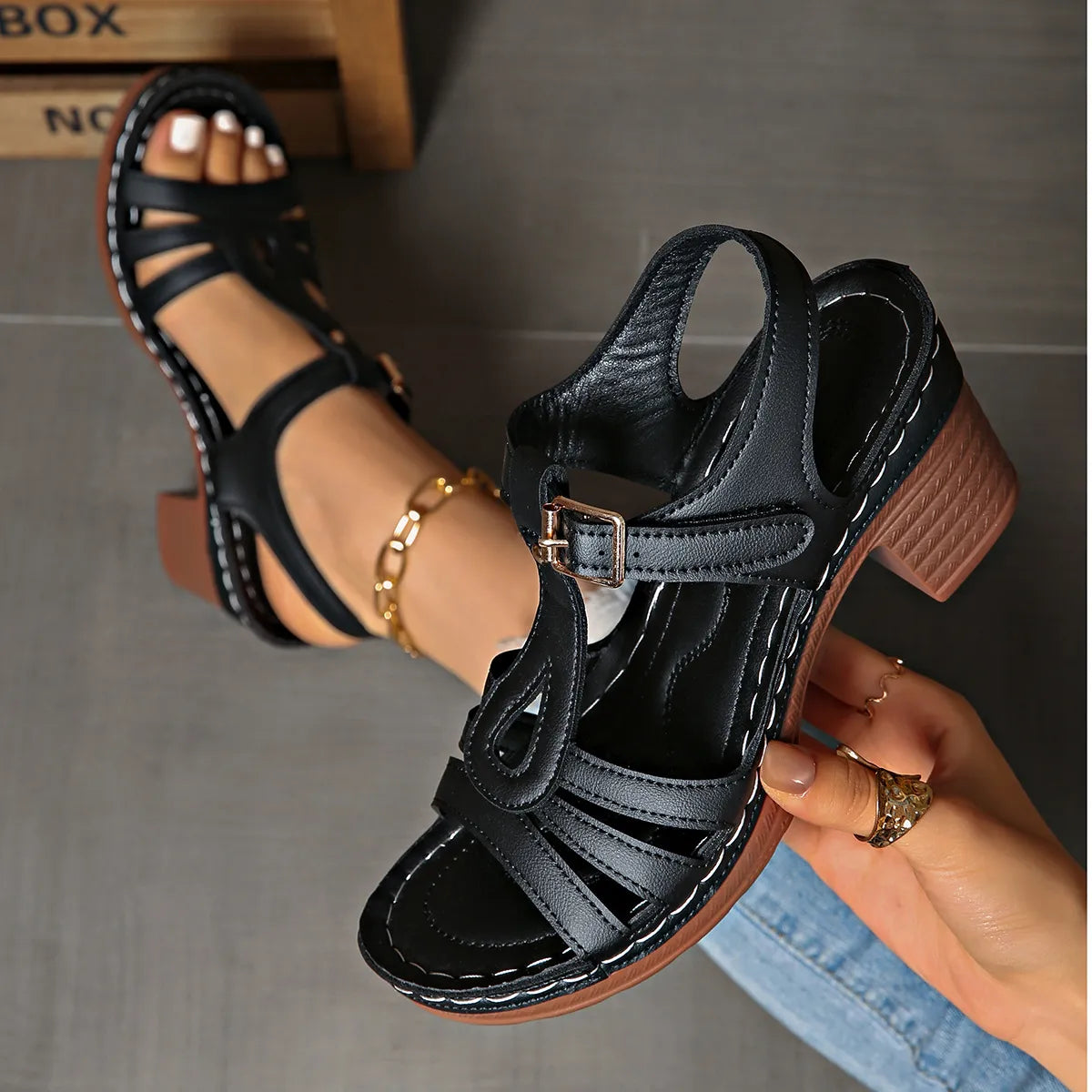 Buckle Strap Block Heel Sandals