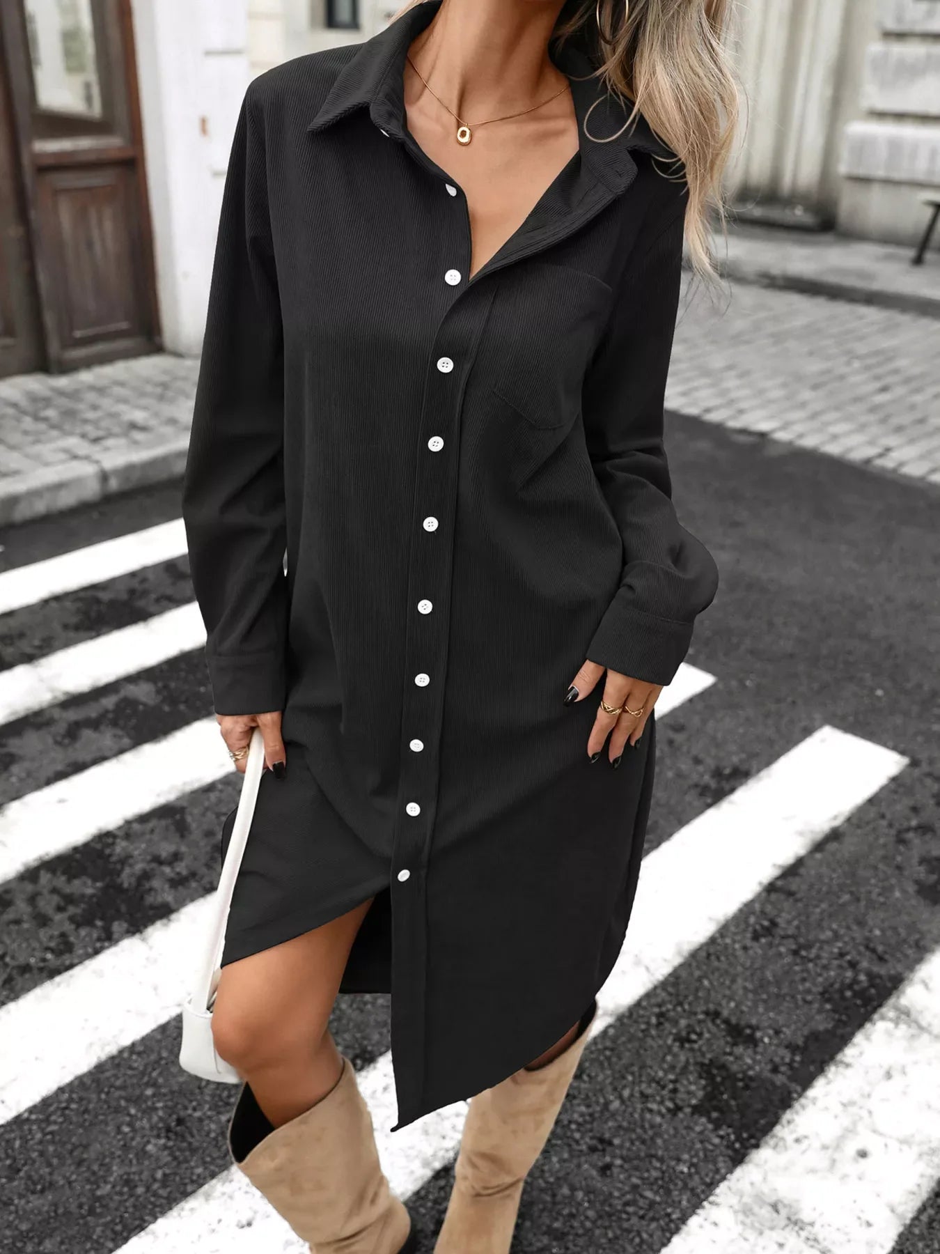 Corduroy Shirt Dress with Button-Down Front