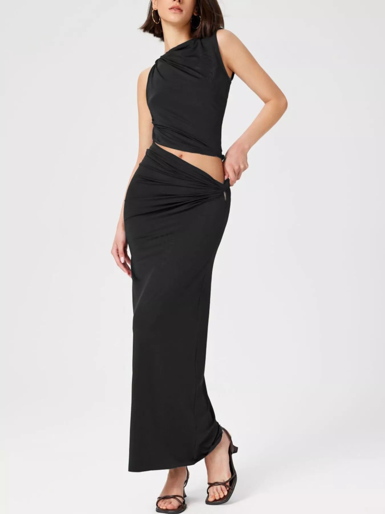 Asymmetrical Ruched Knit Top and Skirt Set