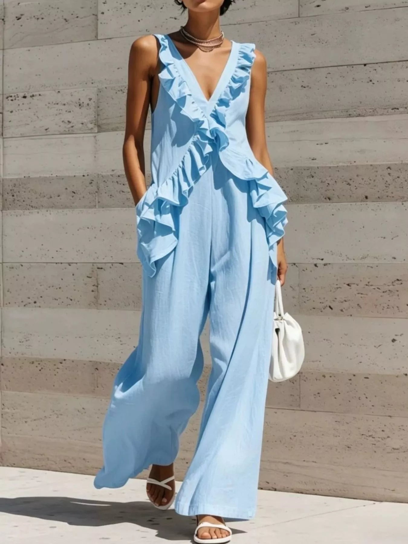 Ruffled V-Neck Sleeveless Jumpsuit