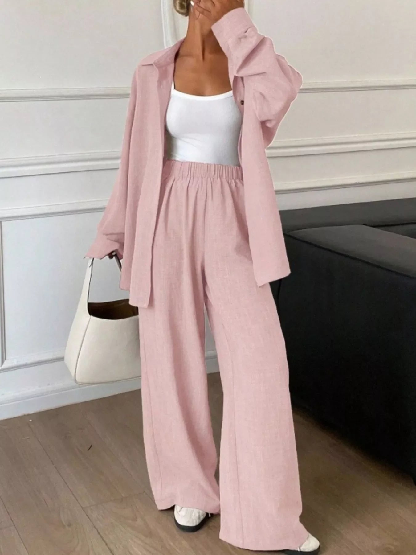 Button Up Long Sleeve Shirt and Wide Leg Pants Set
