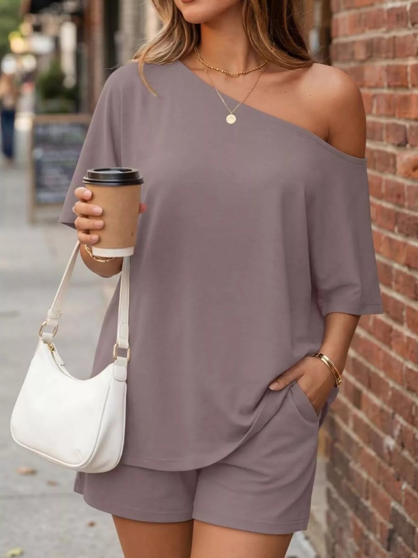 One-Shoulder Short Sleeve Top and Shorts Set