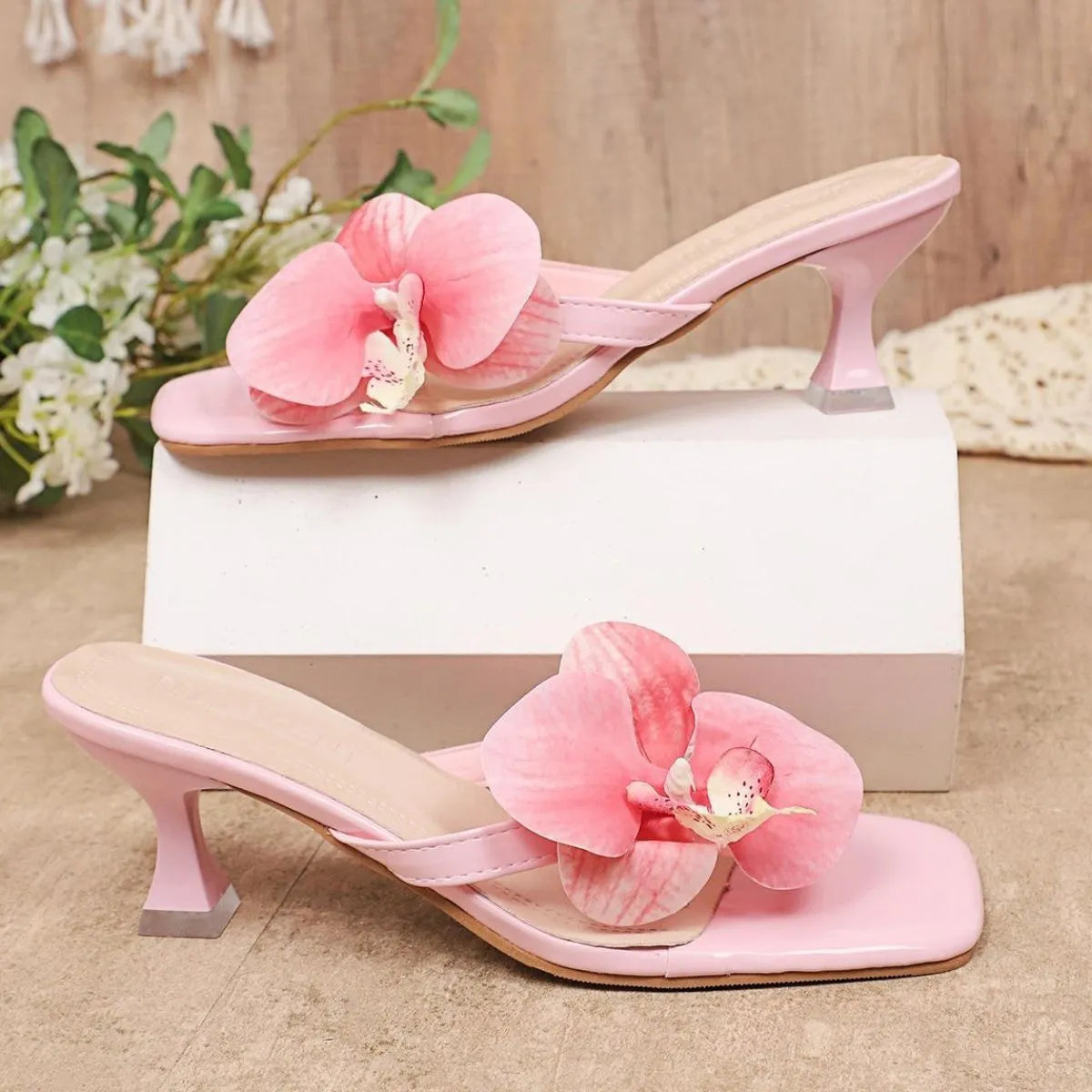 Floral Embellishment Kitten Heel Sandals
