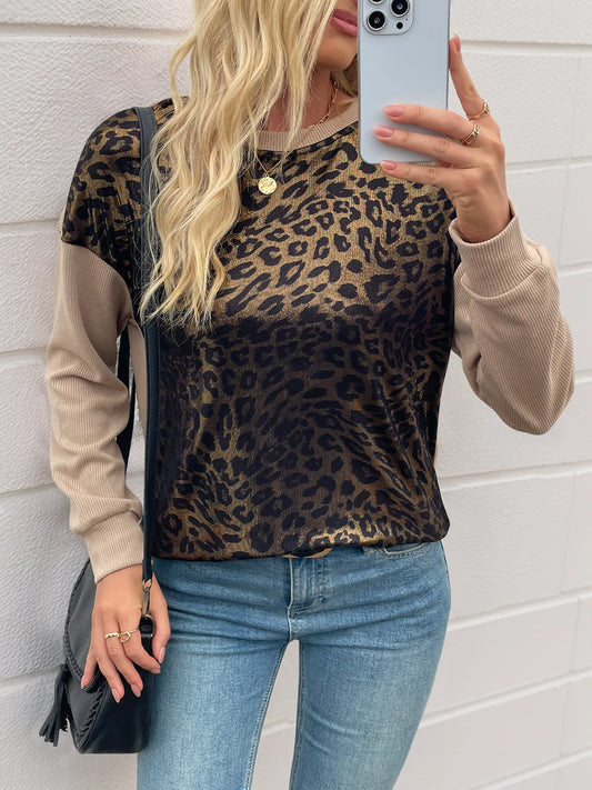 Leopard Round Neck Long Sleeve Sweatshirt