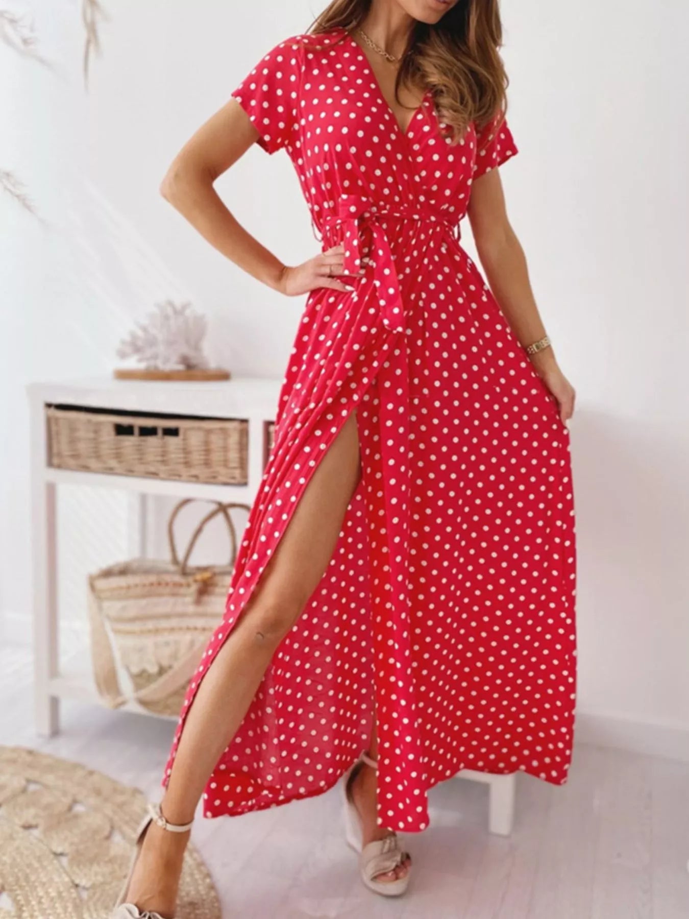 Polka Dot Surplice Maxi Dress with Slit