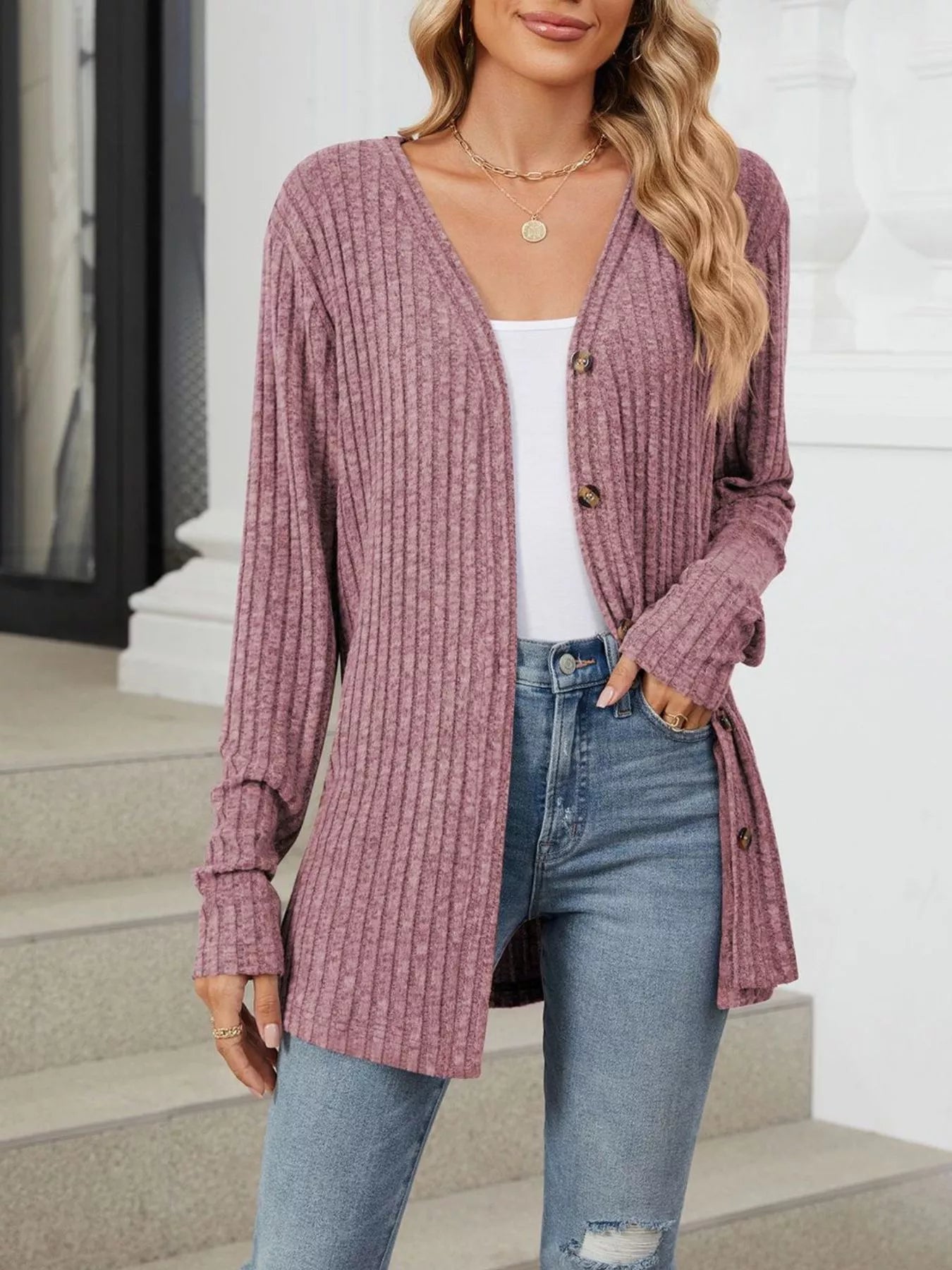 Ribbed Button-Up Cardigan