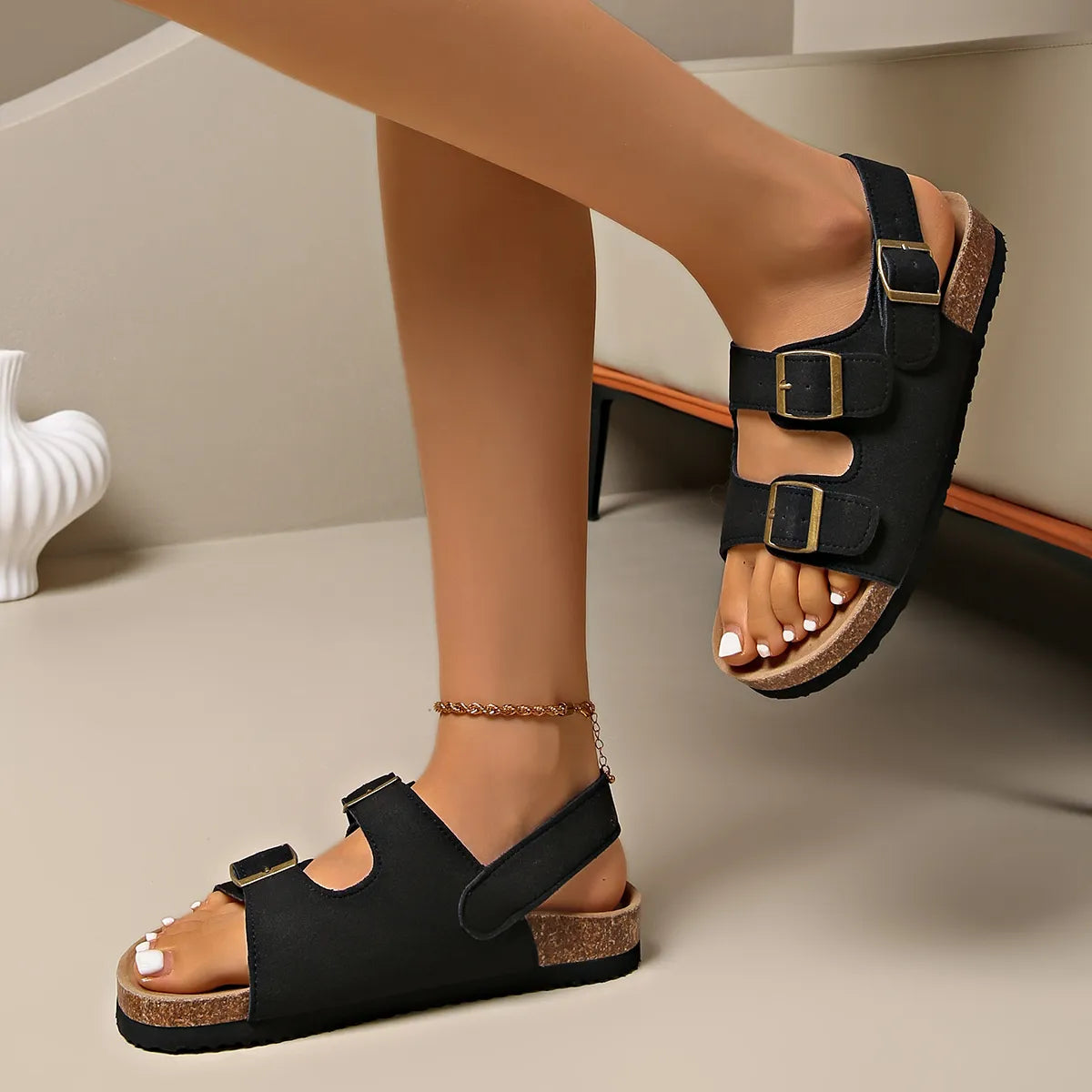 Double Buckle Cork Sole Sandals