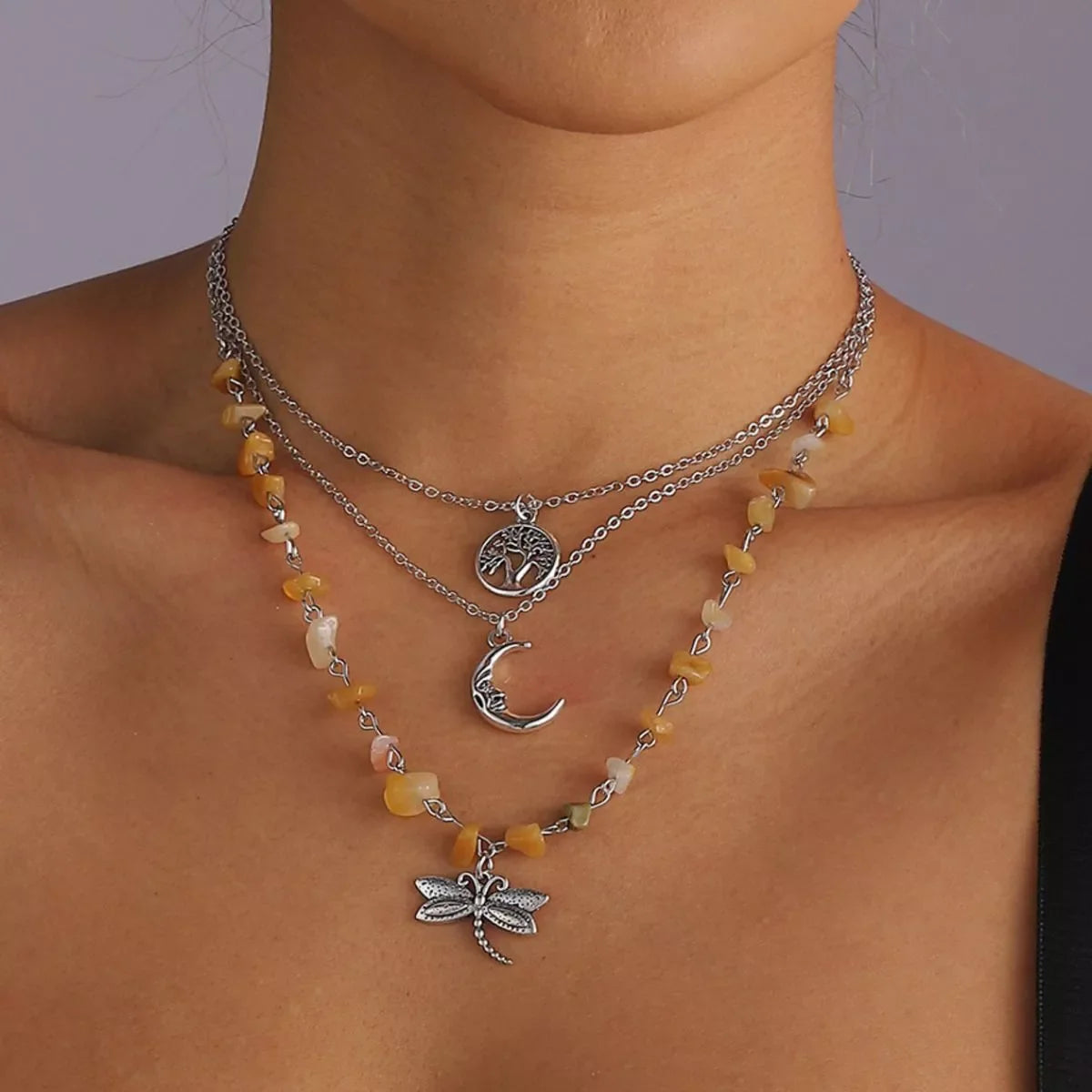 3-Piece Bohemian Layered Dragonfly Moon Tree Pendant Necklace