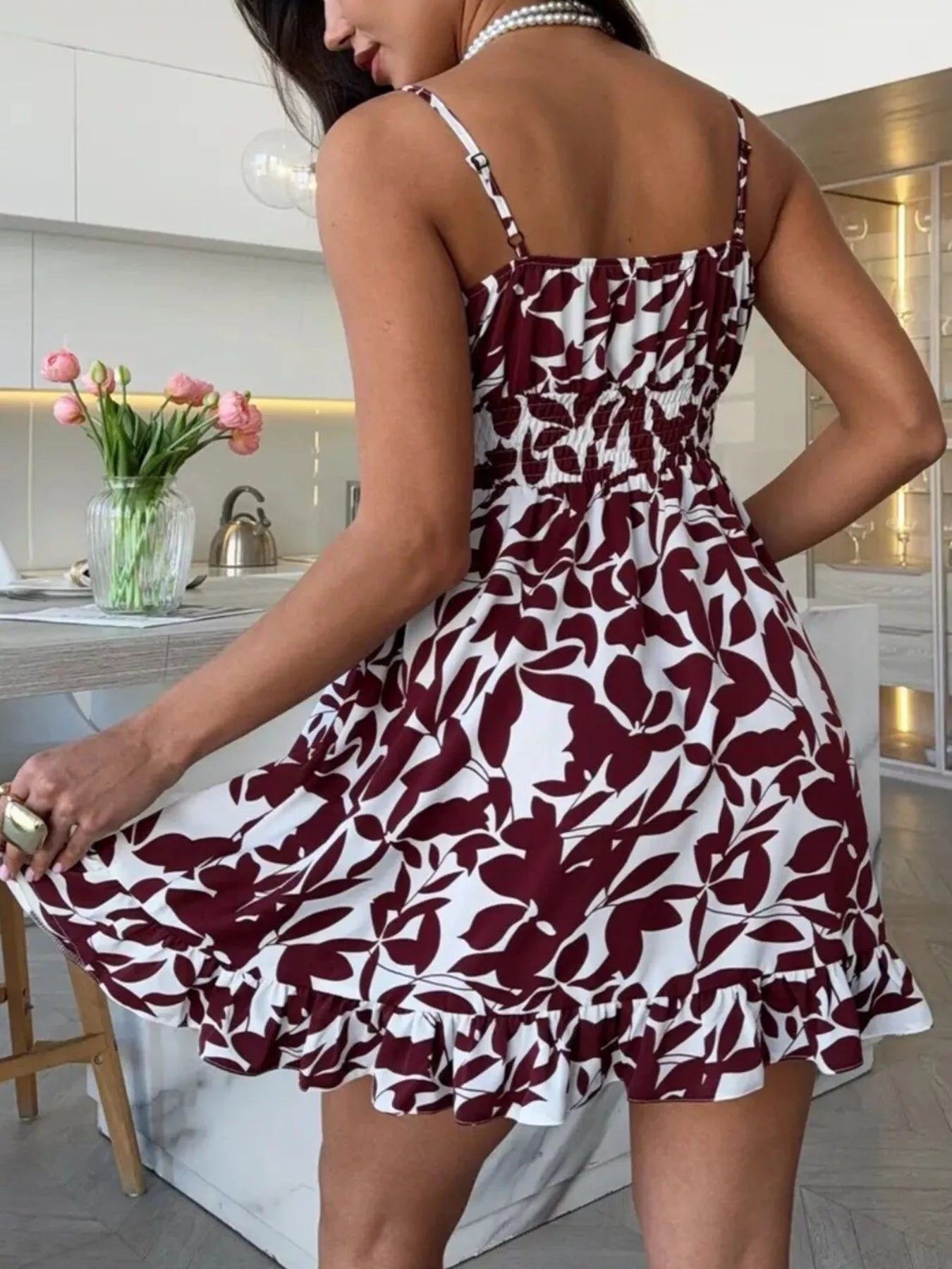 Spaghetti Strap Ruffle Hem Mini Dress with Abstract Print