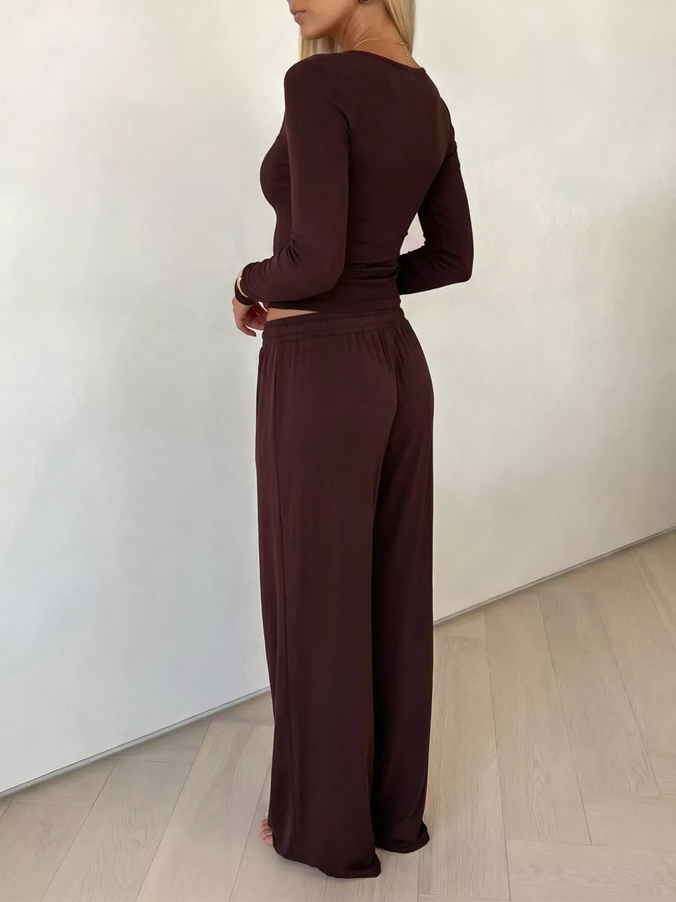 V-Neck Long Sleeve Top and Wide-Leg Pants Set