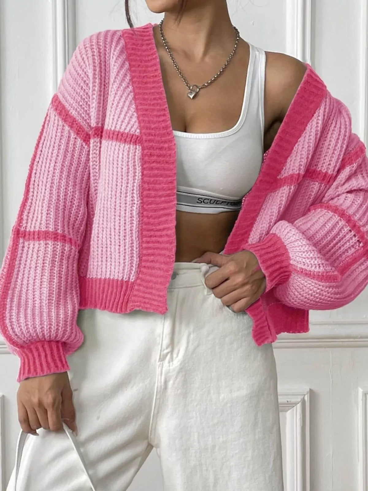 Color-Block Ribbed Knit Open-Front Cropped Cardigan