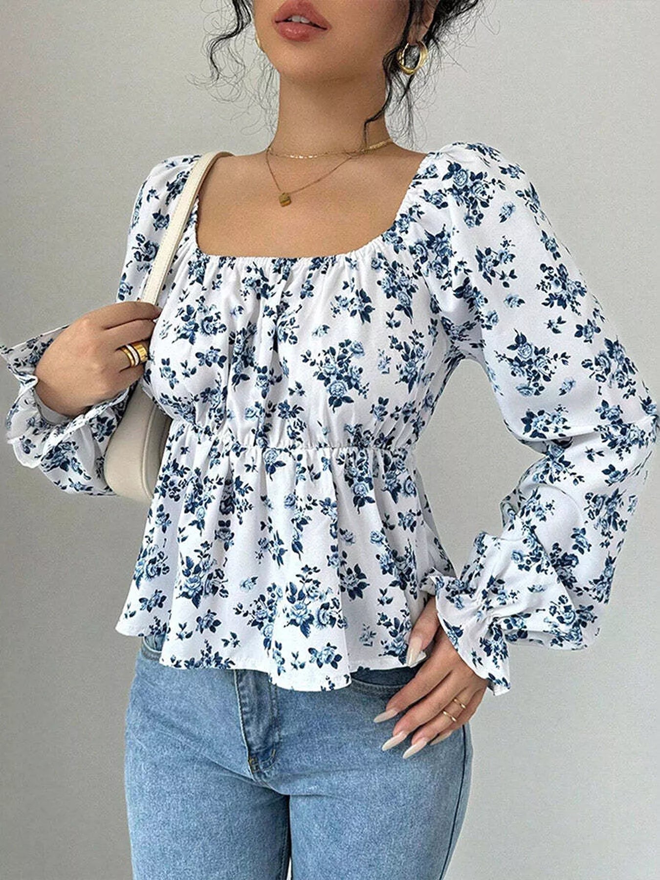 Floral Print Square Neck Peplum Blouse