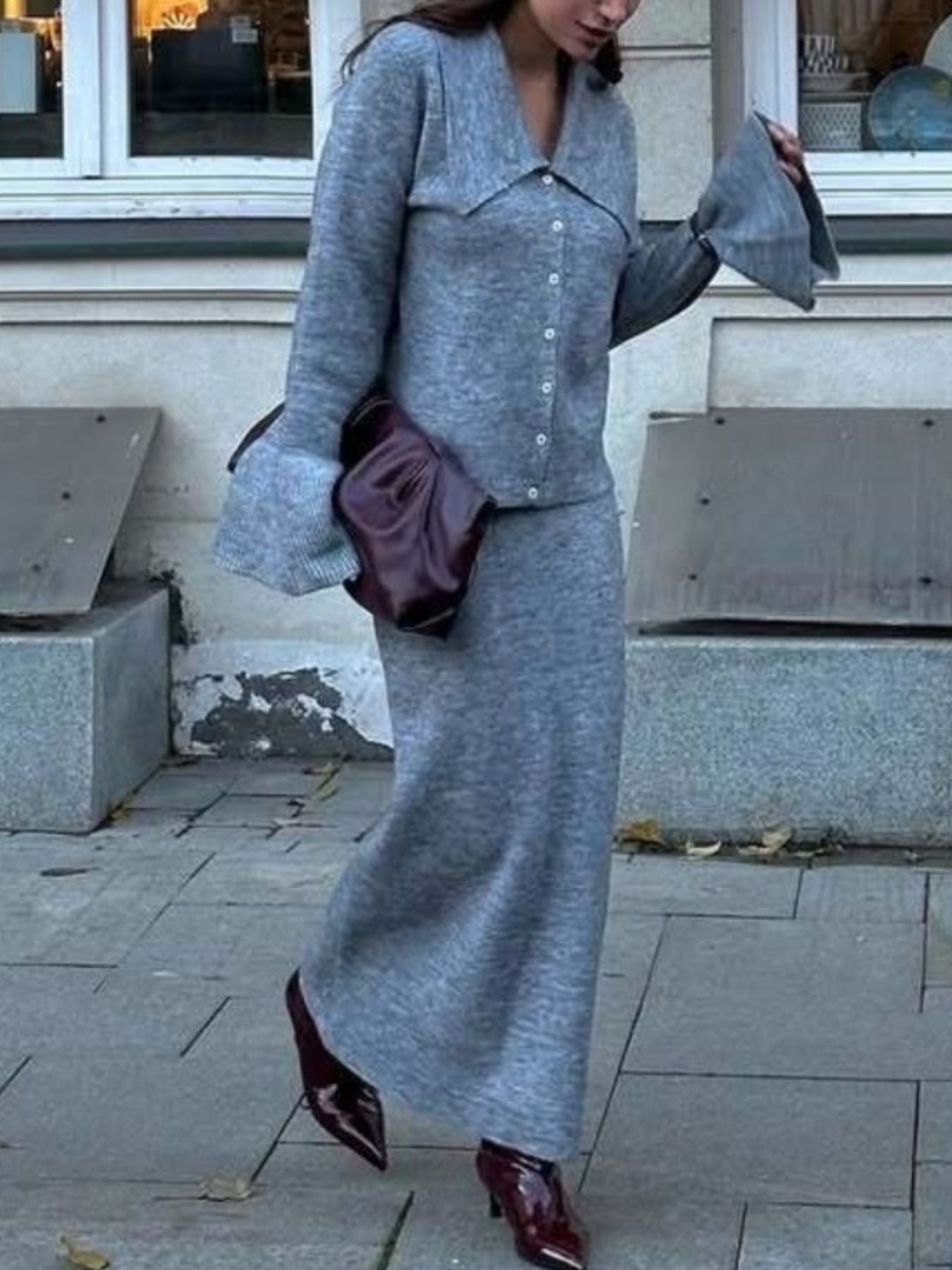 Button Down Long Sleeve Cardigan and Skirt Knit Set
