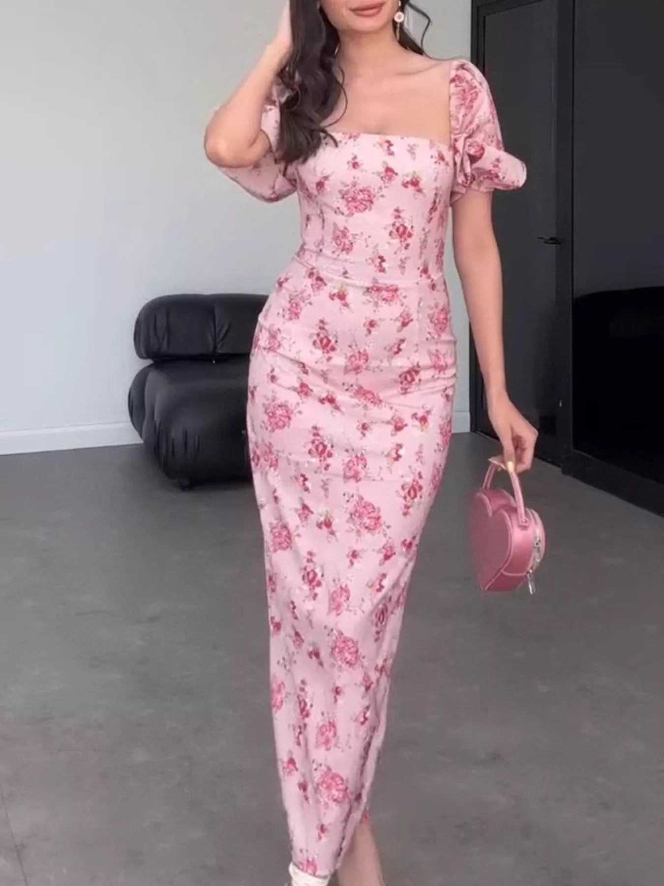 Floral Puff Sleeve Ruched Midi Dress