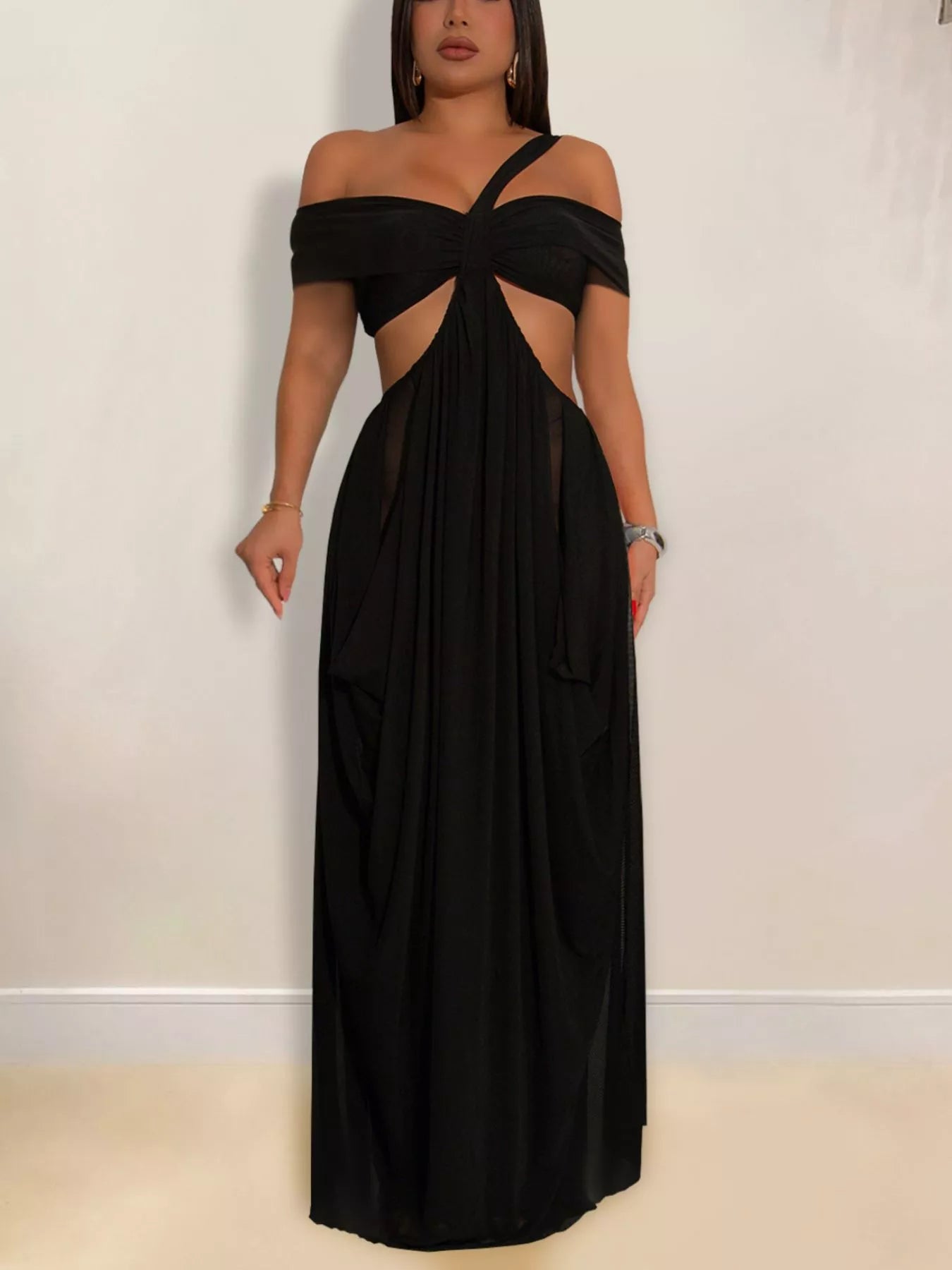 Cutout Off Shoulder Ruched Maxi Dress