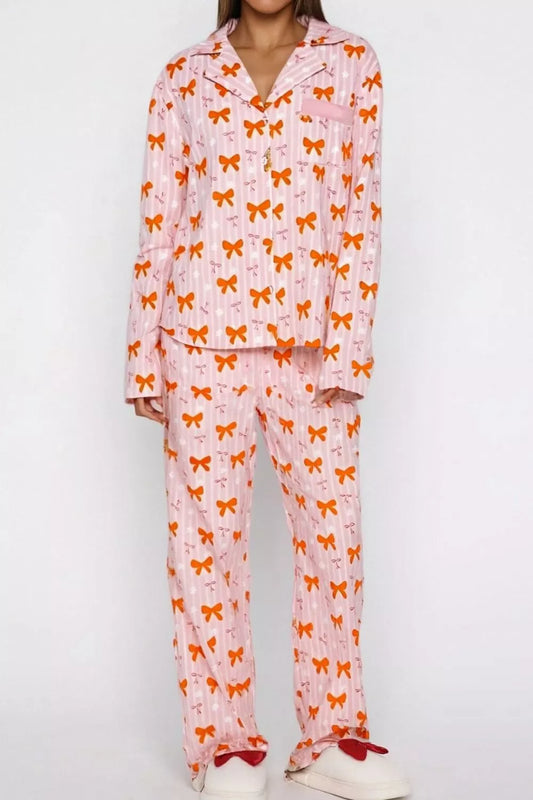 Bow Print Top and Wide Leg Pants Lounge Set