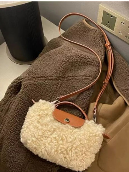 Fluffy Crossbody Bag with Leather Accents