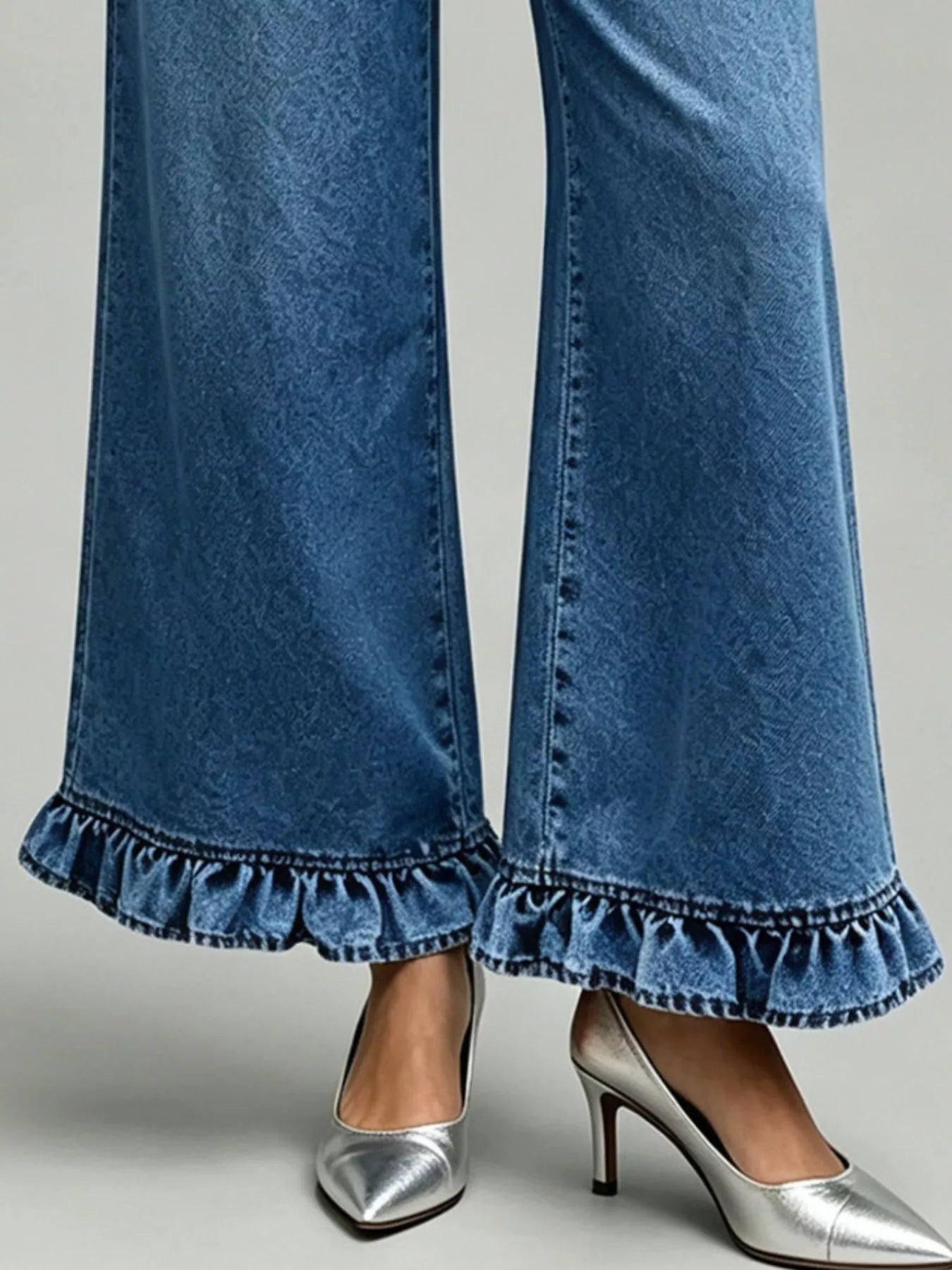 High-Waisted Wide-Leg Ruffle Hem Jeans