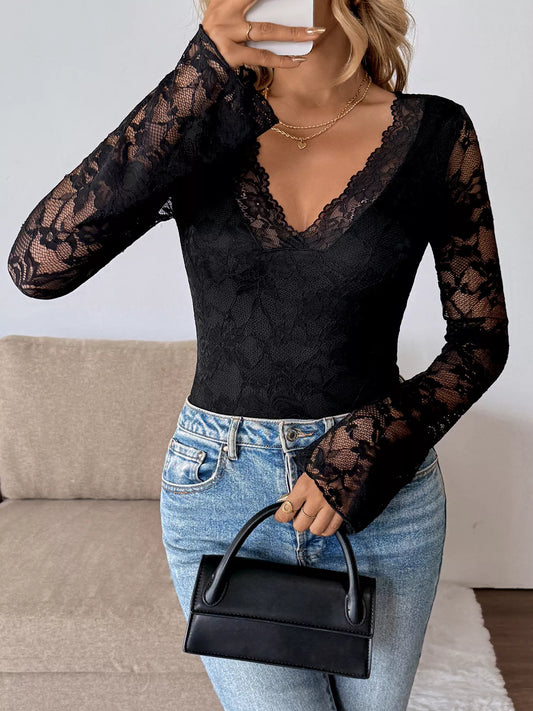 Lace V-Neck Long Sleeve T-Shirt
