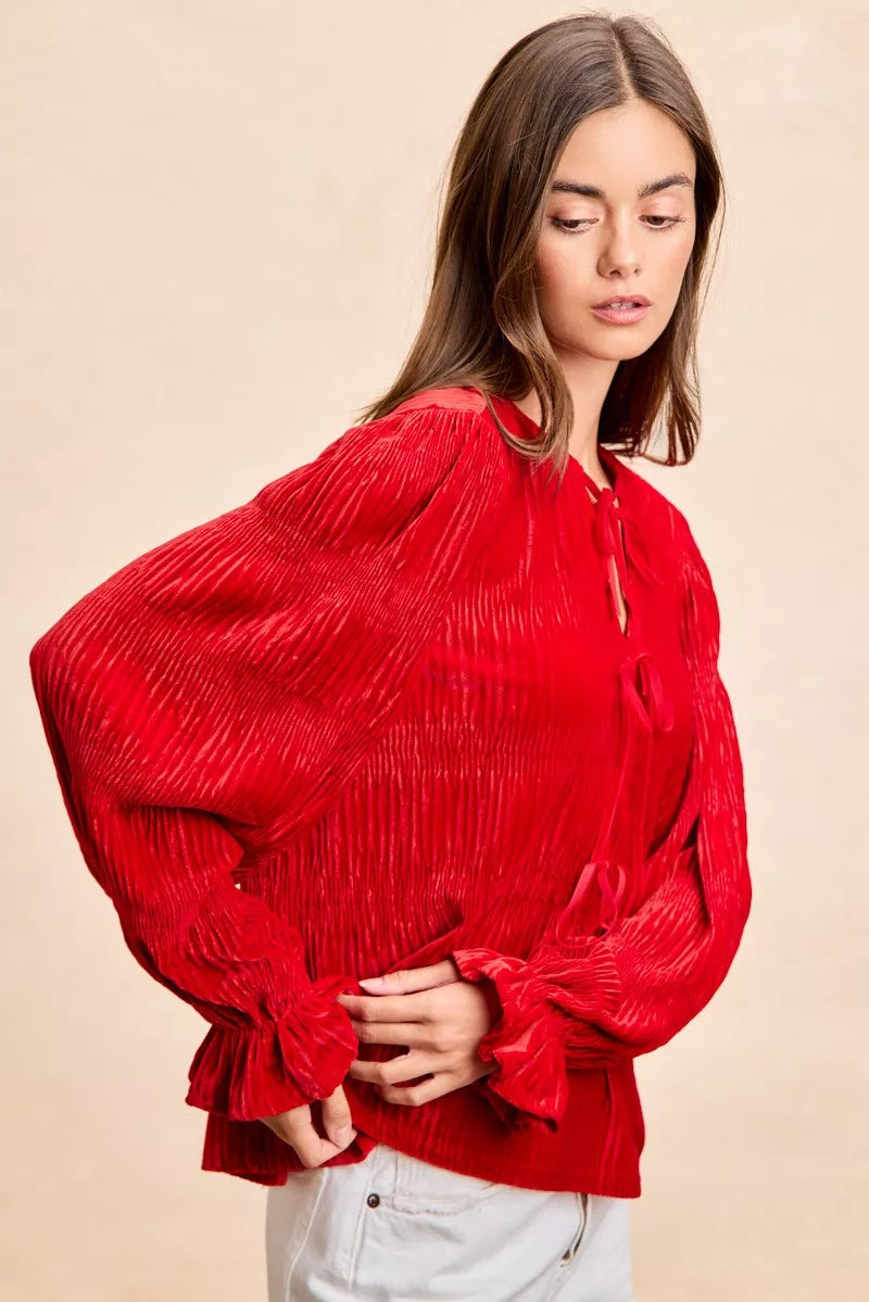 BiBi Christmas Theme Velvet Bow Tied Top With Neck Drop