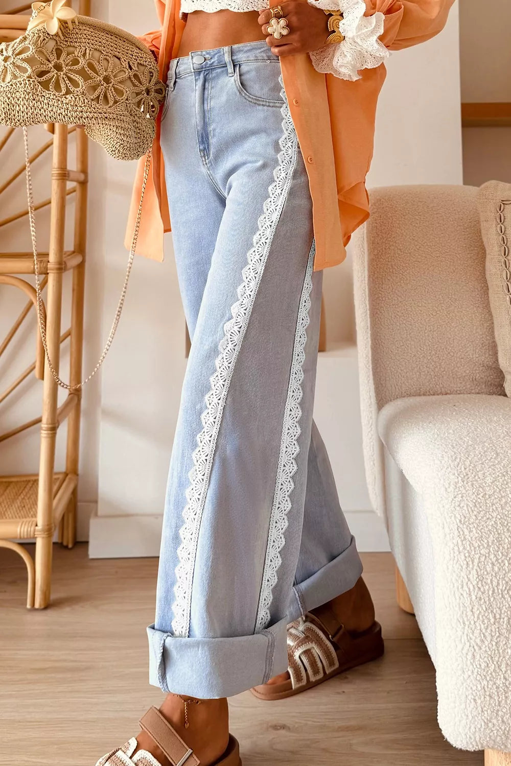 Light Wash Lace Trim Wide Leg Jeans