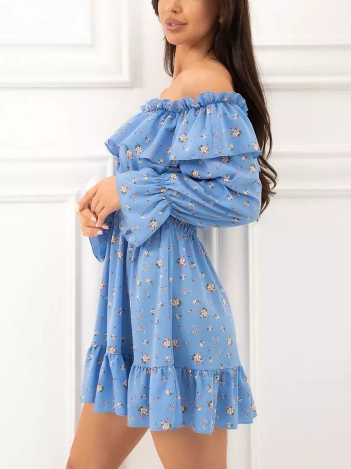 Off-Shoulder Floral Print Ruffle Dress