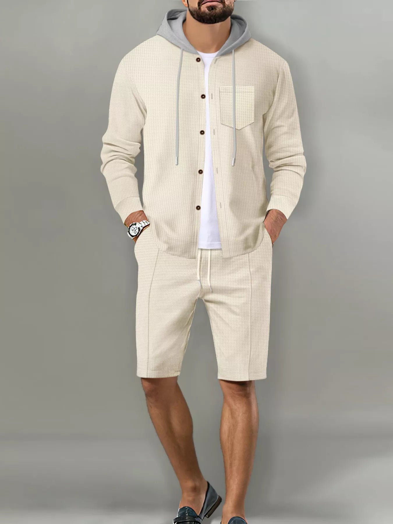 Men's Full Size Casual Hooded Button-Up Top and Shorts Set Plus Size