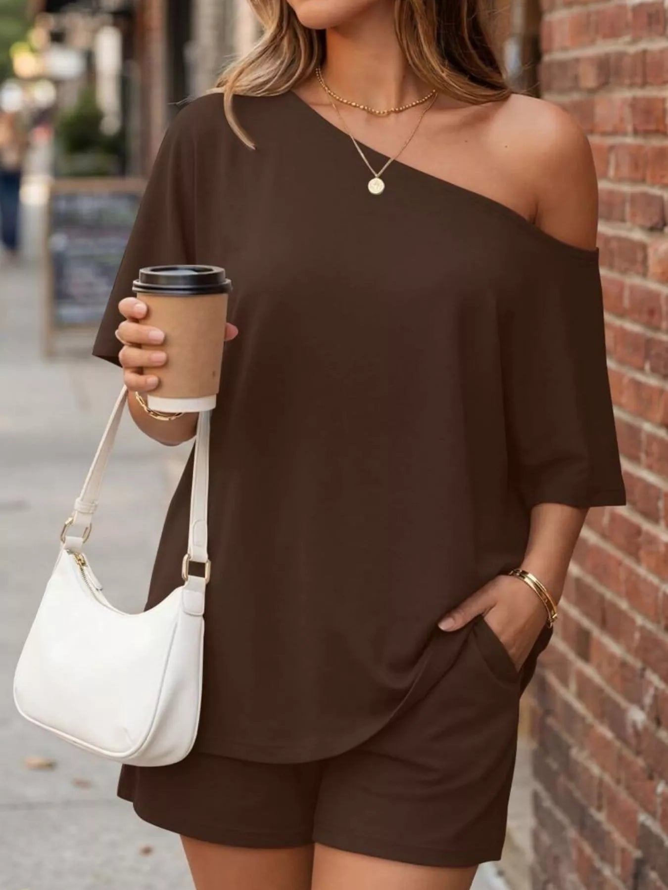 One-Shoulder Short Sleeve Top and Shorts Set