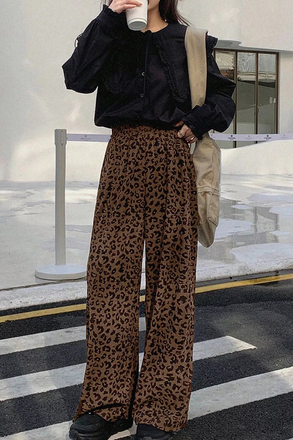Leopard Print Elastic High Waist Loose Corduroy Pants