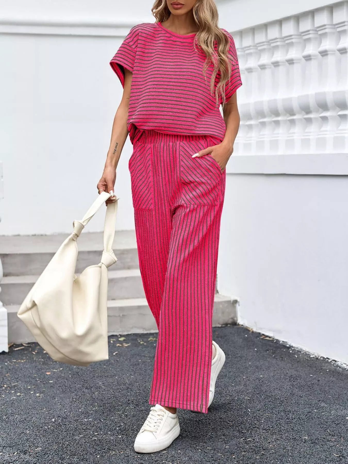 Casual Striped Short Sleeve Top and Wide Leg Pants Two-Piece Set
