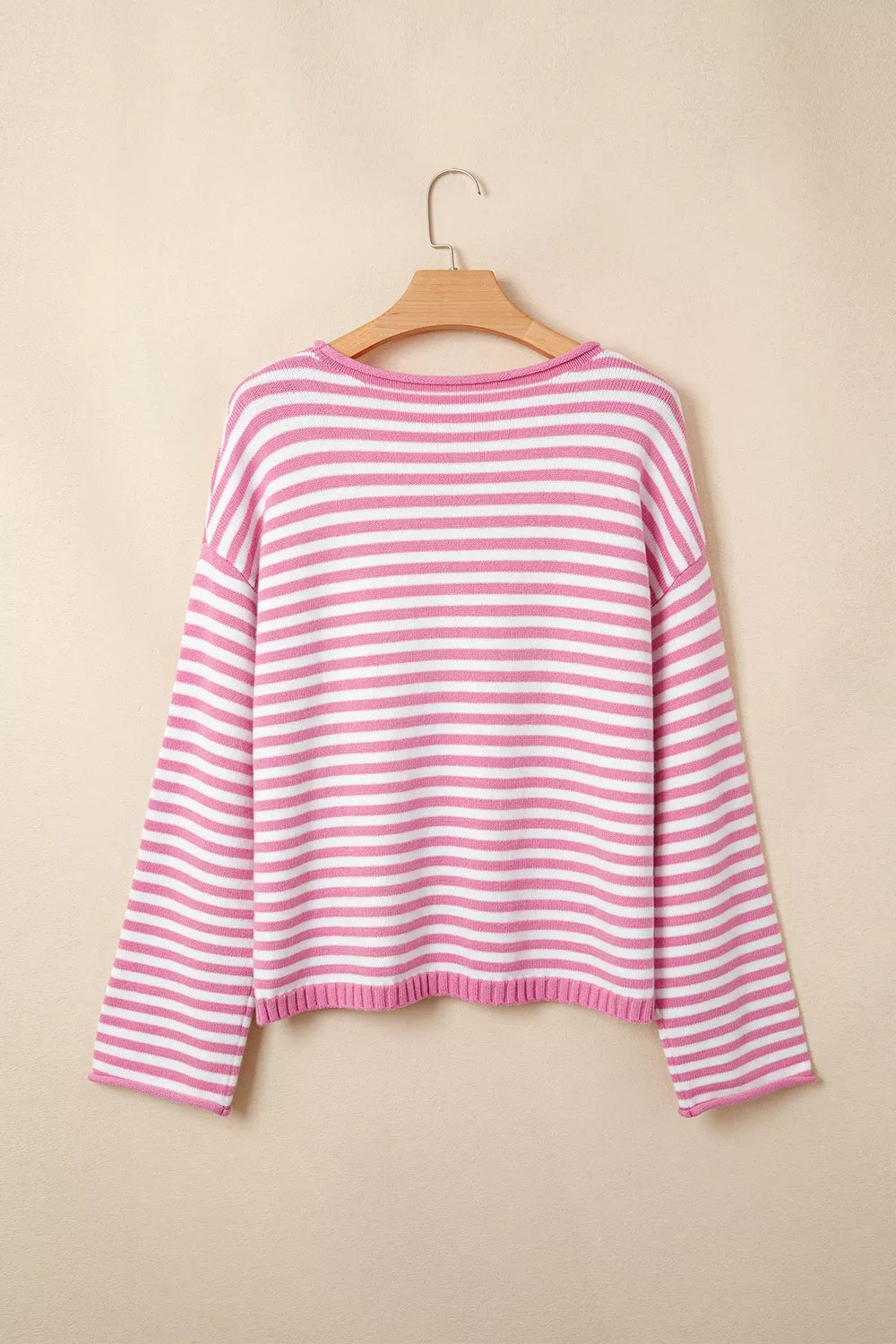 Striped Button Placket Drop Shoulder Long Sleeve Sweater
