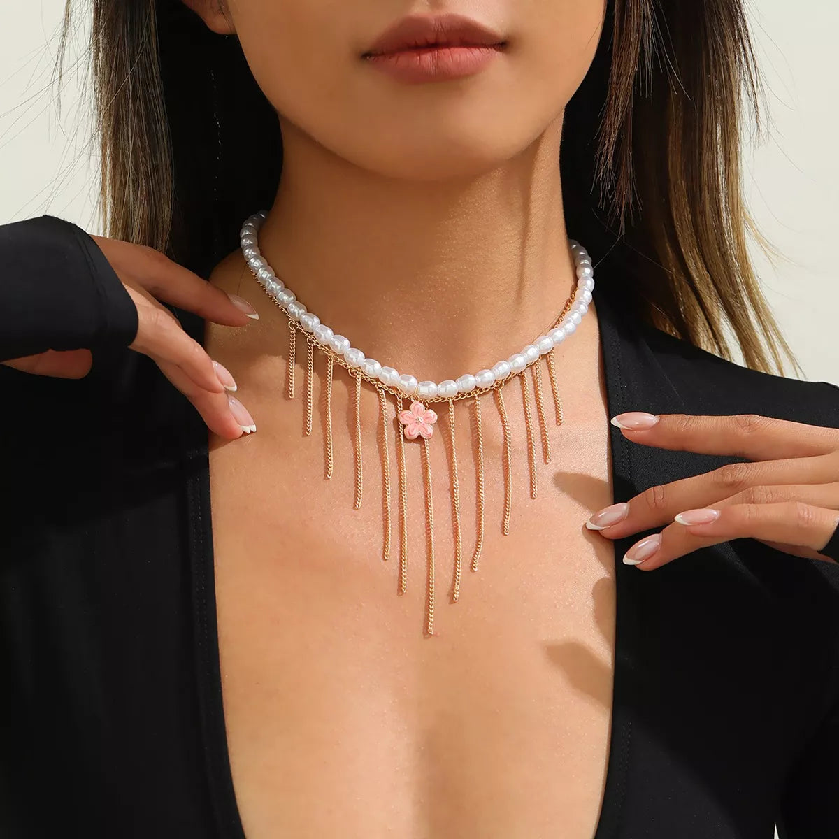 Elegant Pearl Choker Necklace with Flower Charm and Tassel Dangles