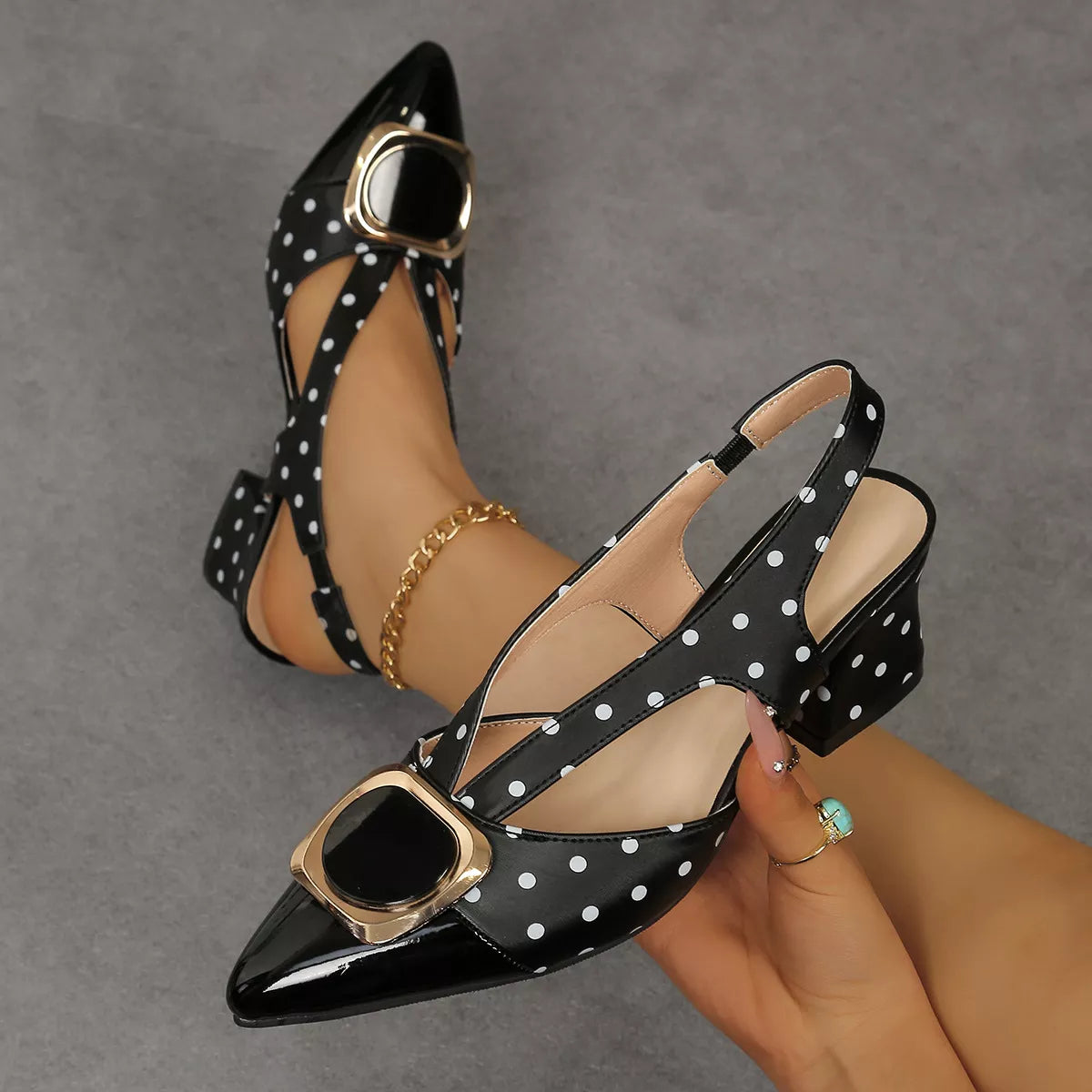 Polka Dot Slingback Pumps with Buckle Accent