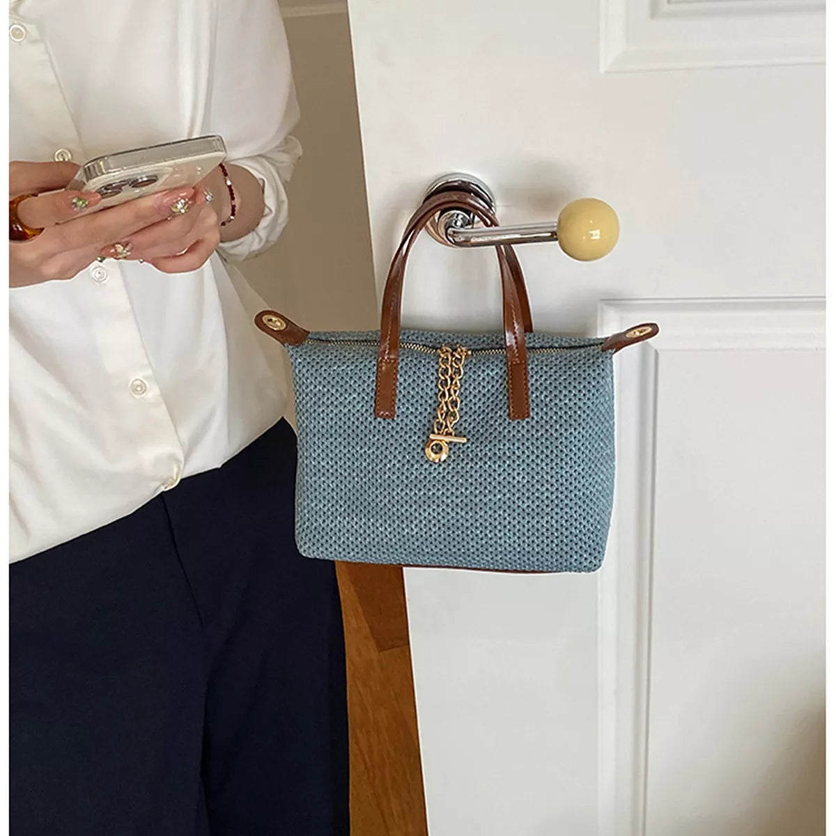 Woven Crossbody Bag with Leather Accents