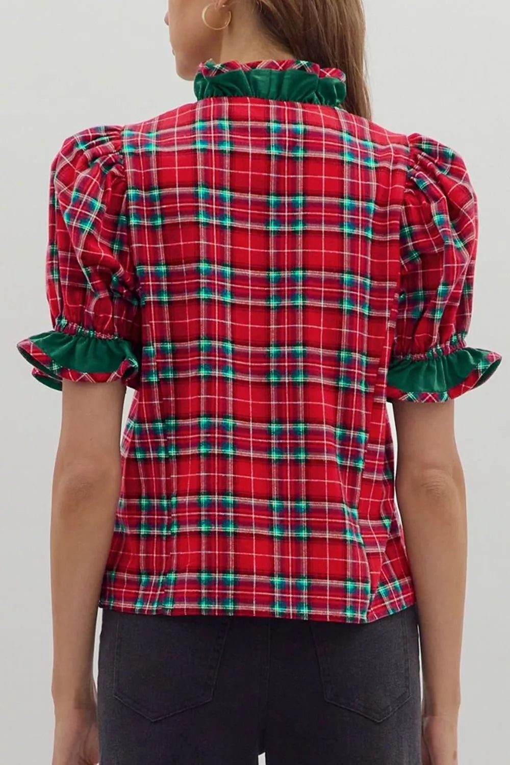Plaid V Neck Ruffle Color Block Trim Short Sleeve Shirt