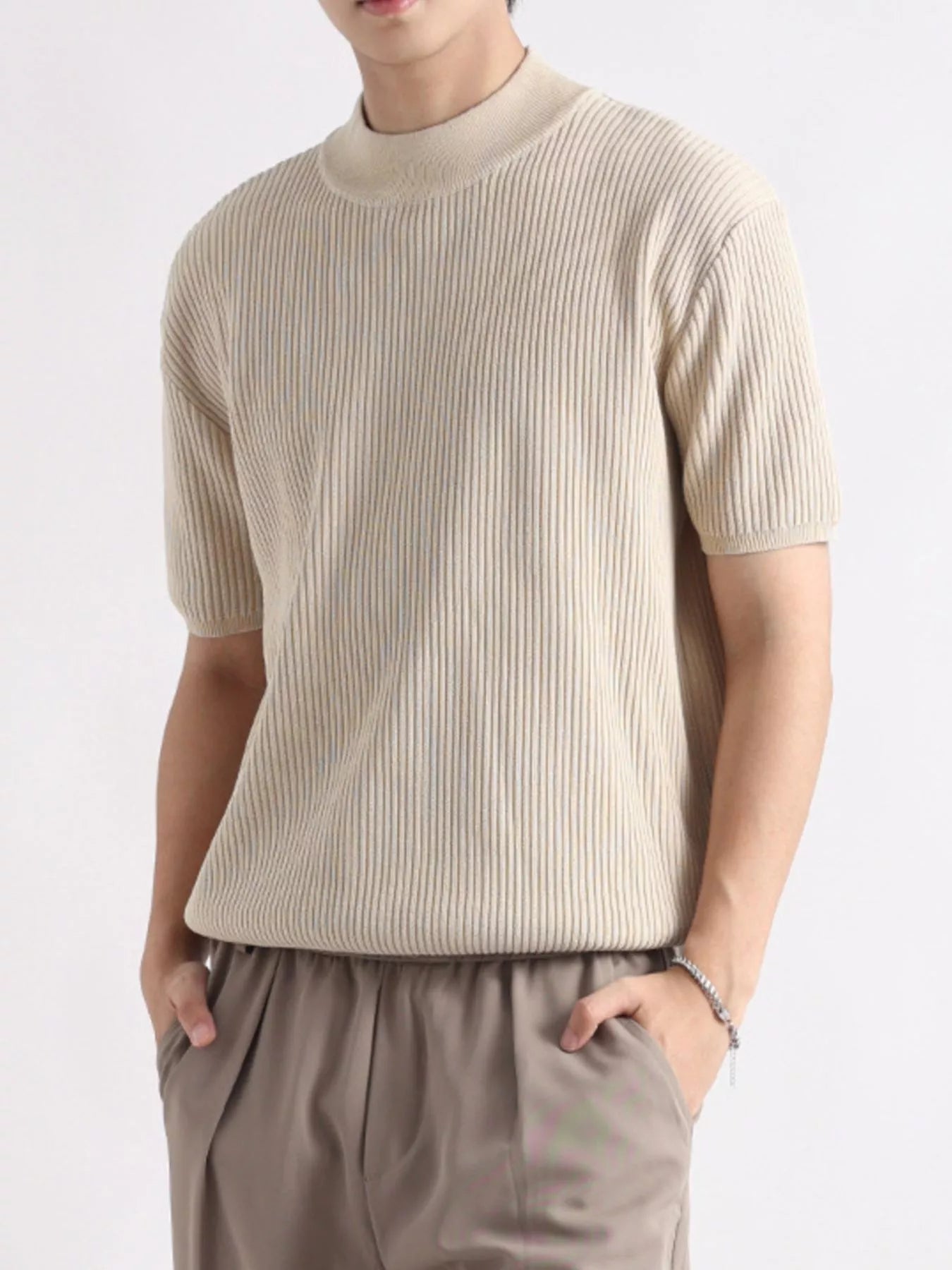 Men's Plus Size Ribbed Knit Mock Neck Short Sleeve T-Shirt