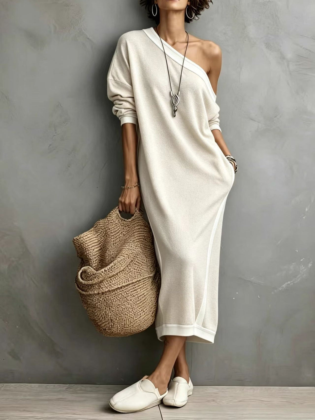 Women's One-Shoulder Color-Block Midi Dress with Pockets